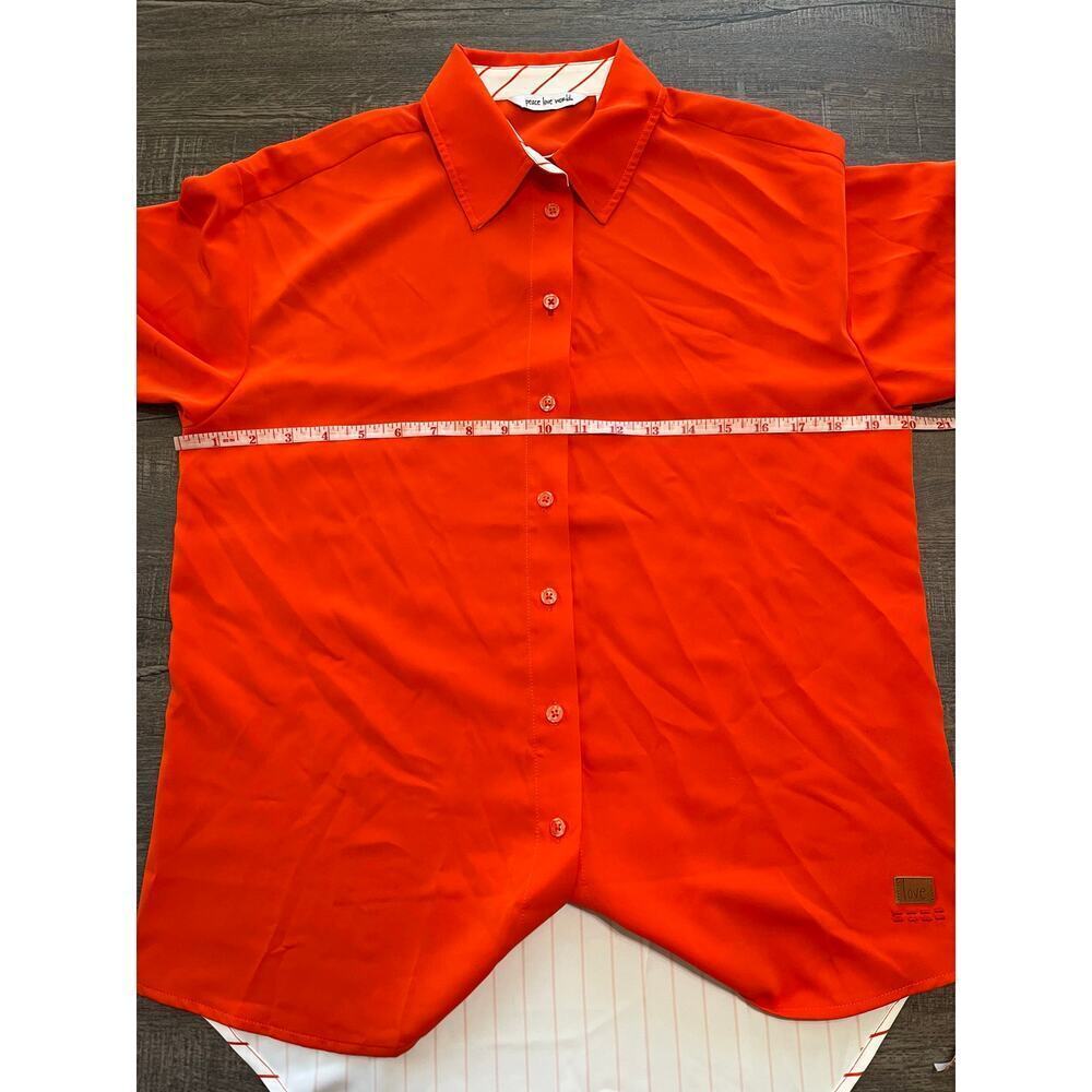 Peace Love World Women's Relaxed Woven Button Up Shirt, Orange, Size XXS - Picture 9 of 11